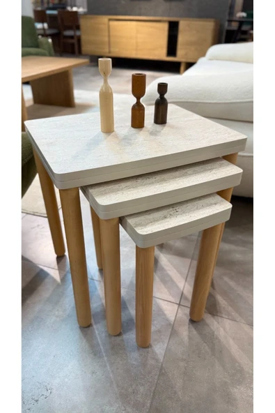 3LÜ TRAVERTEN ZİGON SEHPA BOHEM CEVİZ AYAK - Resim 2