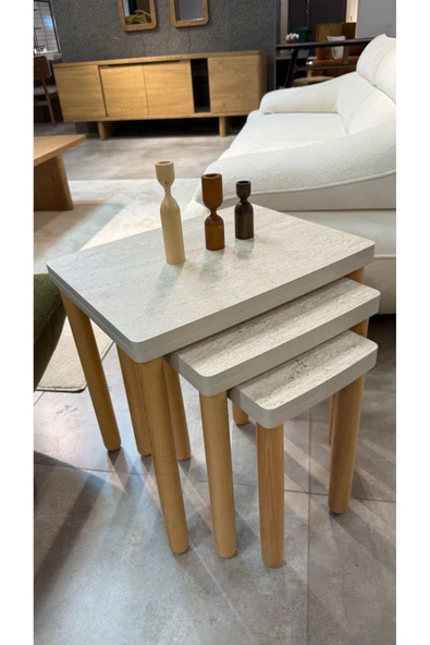 3LÜ TRAVERTEN ZİGON SEHPA BOHEM CEVİZ AYAK ürün görseli