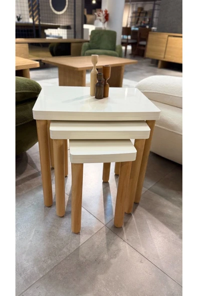 3LÜ FULL KREM ZİGON SEHPA BOHEM CEVİZ AYAK - Resim 2