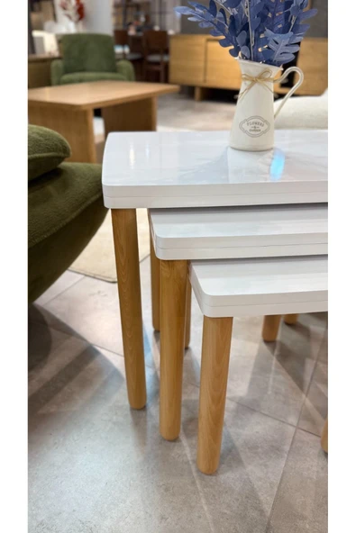 3LÜ FULL BEYAZ ZİGON SEHPA BOHEM CEVİZ AYAK - Resim 3