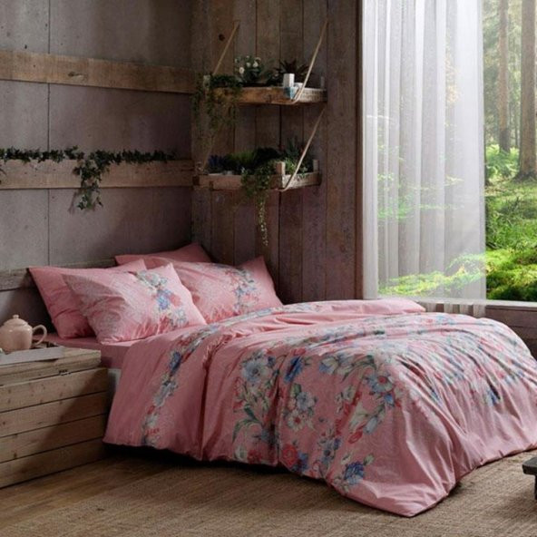 Taç Ranforce Nevresim Takımı Çift Kişilik Fleur Pembe