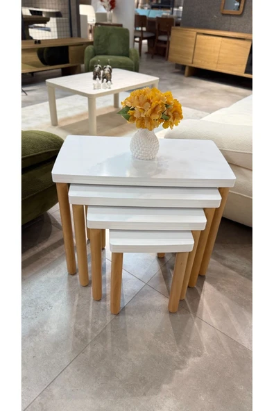 4LÜ FULL BEYAZ ZİGON SEHPA BOHEM CEVİZ AYAK - Resim 2