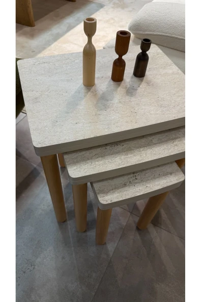 3LÜ TRAVERTEN ZİGON SEHPA BOHEM CEVİZ AYAK - Resim 3