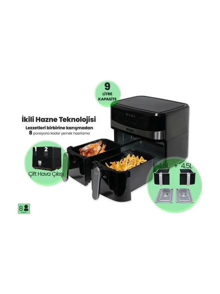 Wiami AirFryer 9L Dual Basket Yağsız Fritöz - 2