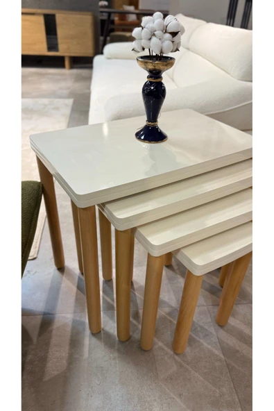 4LÜ FULL KREM ZİGON SEHPA BOHEM CEVİZ AYAK - Resim 3