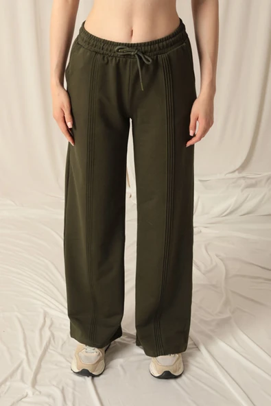 İki İplik Kumaş Nervürlü Kadın Haki Eşofman - Resim 2