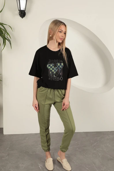 İki İplik Kumaş Çimalı Kadın Eşofman-Haki ürün görseli