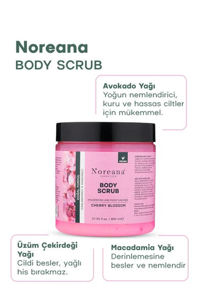 Noreana Japon Kirazı Özlü Vegan Vücut Peelingi 800 ml - Yoğun Besleyici Ve Uzun Süreli Nem Body Scrub - 5