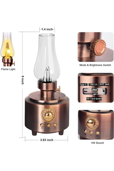 Concord C210 NOSTALJİK GAZ LAMBASI BLUETOOTH SPEAKER KABLOSUZ ŞARJLI HOPARLÖR GECE LAMBASI ahşap - 4