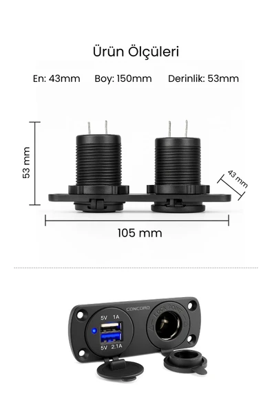 Concord CH-31 2'si 1 Arada Araç Şarj Cihazı – Çift USB (2.1A + 1A) Çakmak Girişi - 6
