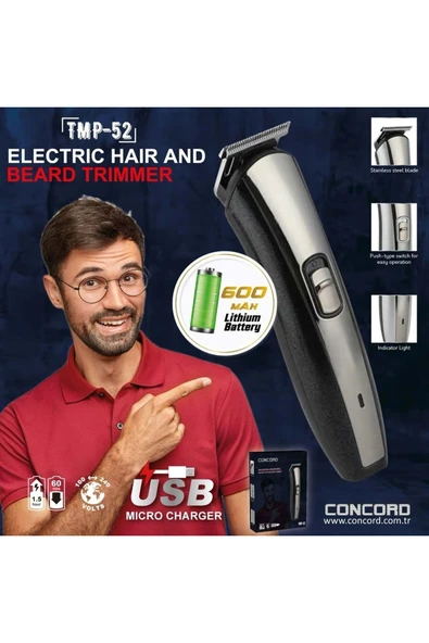 Concord TMP-52 ALÜMİNYUM GÖVDELİ 600MAH ŞARJLI TIRAŞ MAKİNESİ