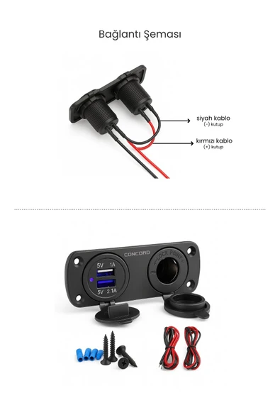 Concord CH-31 2'si 1 Arada Araç Şarj Cihazı – Çift USB (2.1A + 1A) Çakmak Girişi - 5