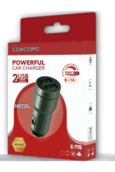 Shesh Concord C-770 2.4a 3.5a Qc 3.0 Çift Usb Hızlı Fast Araç Metal Çakmaklık Şarj - 2