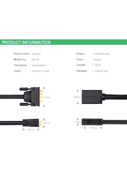 UGREEN 20118 DVI 24+1 to HDMI Dönüştürücü Kablo 1080P Görüntü Çözünürlüğü Çift Yönlü Veri Aktarımı - 3