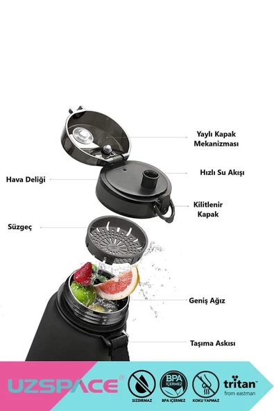 Uzspace 650ml Yeni Çift Renkli Sızdırmaz BPA İçermez Kilitlenebilir Kapaklı Motivasyonel Tritan Su Matarası - Resim 3