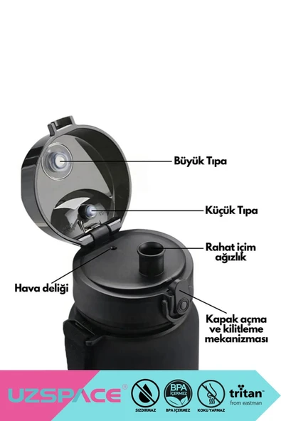 Uzspace 650ml Yeni Çift Renkli Sızdırmaz BPA İçermez Kilitlenebilir Kapaklı Motivasyonel Tritan Su Matarası - Resim 4