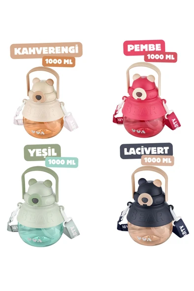 Vagonlife TKK 1000ml Pipetli/Pipetsiz Kullanıma Uygun Askı Kayışlı Bear Desen Tritan Su Matarası - Resim 3