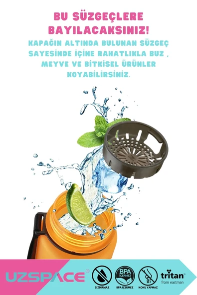 Uzspace 1000ml Yeni Çift Renkli Sızdırmaz BPA İçermez Kilitlenebilir Kapaklı Motivasyonel Tritan Su Matarası - 7