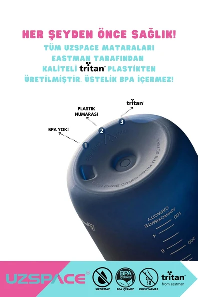 Uzspace 650ml Yeni Çift Renkli Sızdırmaz BPA İçermez Kilitlenebilir Kapaklı Motivasyonel Tritan Su Matarası - Resim 6
