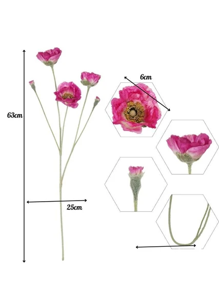 Yapay Çiçek Gelincik Çiçeği Fuşya Renk 3 Çiçek 1 Tomurcuk 59Cm - Resim 8
