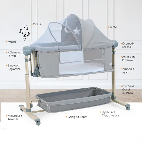 Huggy Swing Me Otomatik Sallanabilir Katlanabilir Alüminyum Anne Yanı Beşik - 4