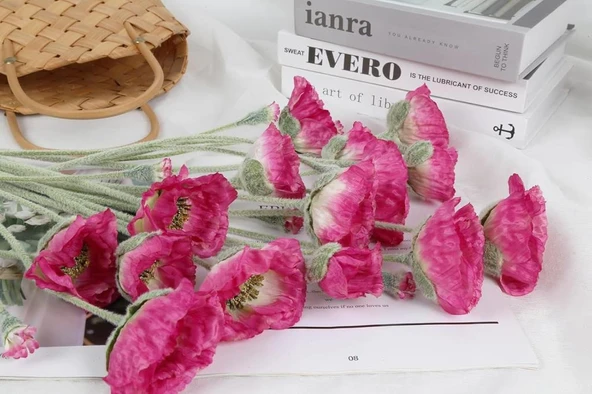 Yapay Çiçek Gelincik Çiçeği Fuşya Renk 3 Çiçek 1 Tomurcuk 59Cm - Resim 7