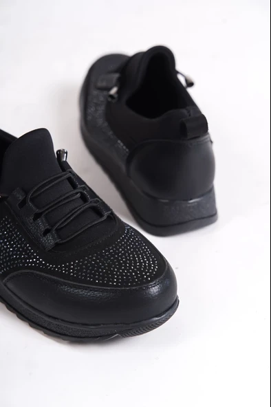 JET-VIOLET Bağcık-Lastik Ortopedik Taban Taş Detaylı Klasik Babet Anne Ayakkabısı CST-Siyah - Resim 5