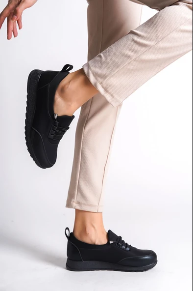 JET-VIOLET Bağcık-Lastik Ortopedik Taban Cilt Detaylı Klasik Babet Anne Ayakkabısı CST-Siyah - Resim 3