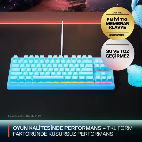 SteelSeries Apex 3 TKL RGB Suya ve Toza Dayanıklı Türkçe Gaming Klavye – Mavi - Resim 2