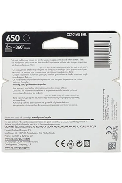 HP Marka: 650 Siyah Mürekkep Kartuş 360 Sayfa (cz101ae) Kategori: Mürekkep - 2