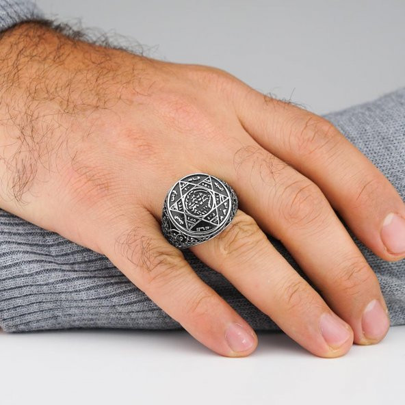 Mührü Süleyman İşlemeli 925 Ayar Gümüş Yüzük - Resim 2