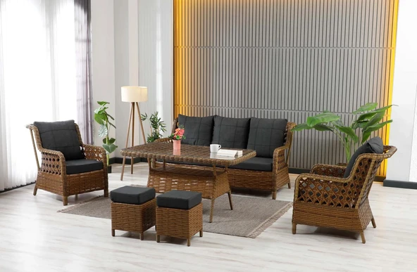 Zigonzi  Vilza, 3+1+1 Rattan Bahçe Mobilyası, Kahverengi