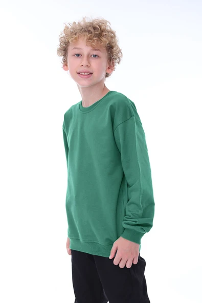 Oversize Unisex Basic Düz Turkuaz Renk %100 Pamuk Sweatshirt - Resim 2