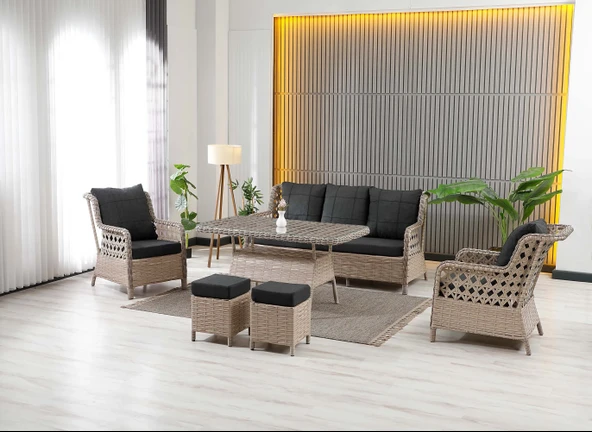 Zigonzi  Vilza, 3+1+1 Rattan Bahçe Mobilyası, Cappuccino