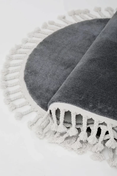 Koyu Gri Oval Post Dokuma Halı Saçaklı Peluş Yumuşacık Kaymaz Antibakteriyel - 3