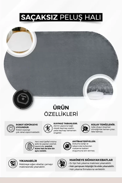 Siyah Şekilli Post Dokuma Halı Peluş Yumuşacık Kaymaz Antibakteriyel - Resim 4