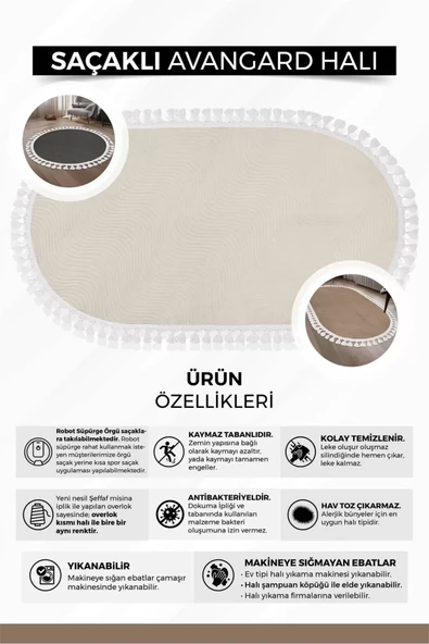 Halı Cool Krem Sahra Desenli Yıkanabilir Saçaklı Oval Yolluk Kilim Salon Halısı Modelleri - 5
