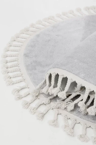 Açık Gri Yuvarlak Post Dokuma Halı Püslüllü Peluş Halı Antibakteriyel - Resim 3