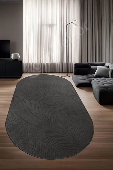 Halı Cool Antrasit Sahra Desenli Saçaksız Oval Kesme Yolluk Kilim Salon Halısı Modelleri