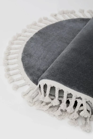 Koyu Gri Yuvarlak Post Dokuma Halı Püslüllü Peluş Halı Antibakteriyel - 4