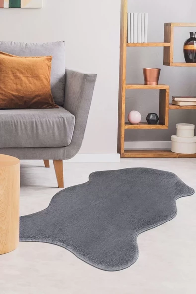 Koyu Gri Şekilli Post Dokuma Halı Peluş Tavşan Tüyü Hissi Antibakteriyel