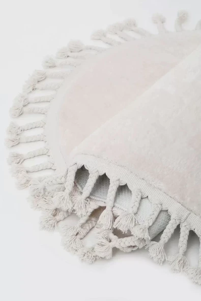 Peluş Halı Açık Vizon Cool Saçaklı Yuvarlak Kesme Post Yolluk Kilim Salon Halısı Modeli - 4