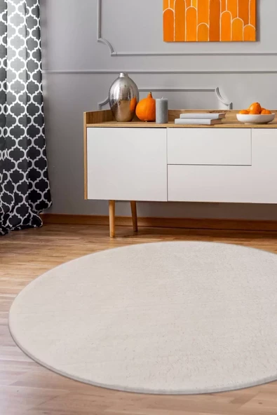 Peluş Halı Krem Yıkanabilir Yuvarlak Post Yolluk Kilim Salon Halısı Modeli ürün görseli 1