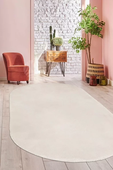 Peluş Halı Krem Cool Yıkanabilir Oval Post Kesme Yolluk Kilim Salon Halısı Modelleri