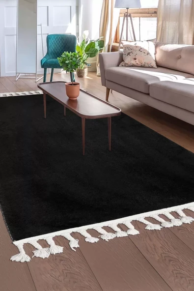 Siyah Post Dokuma Halı Saçaklı Peluş Yumuşacık Kaymaz Antibakteriyel ürün görseli 1