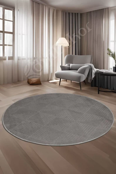 Halı Cool Gri Pramit Desenli Saçaksız Yuvarlak Kesme Yolluk Kilim Salon Halısı Modelleri