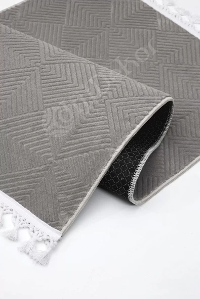 Avangard Halı Pramit Gri Salon Koridor Antre Mutfak Halısı Silinebilir Ponpon Saçak - 4