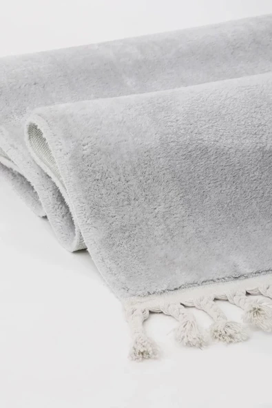 Açık Gri Post Dokuma Halı Saçaklı Peluş Yumuşacık Kaymaz Antibakteriyel - 3