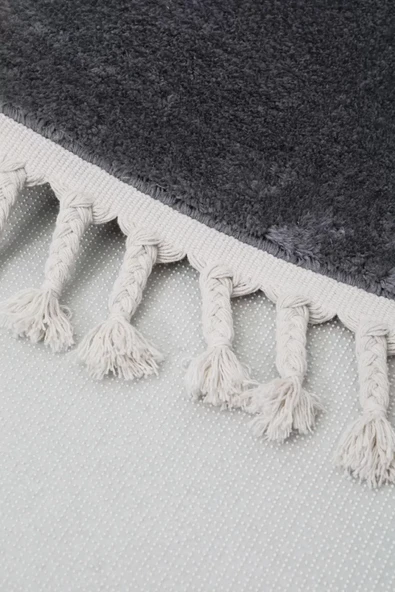 Koyu Gri Yuvarlak Post Dokuma Halı Püslüllü Peluş Halı Antibakteriyel - 3