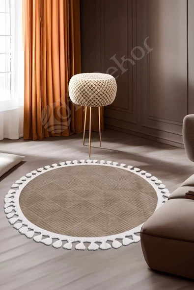 Avangard Yuvarlak Halı Pramit Kahve Salon Koridor Antre Mutfak Halısı Saçaklı